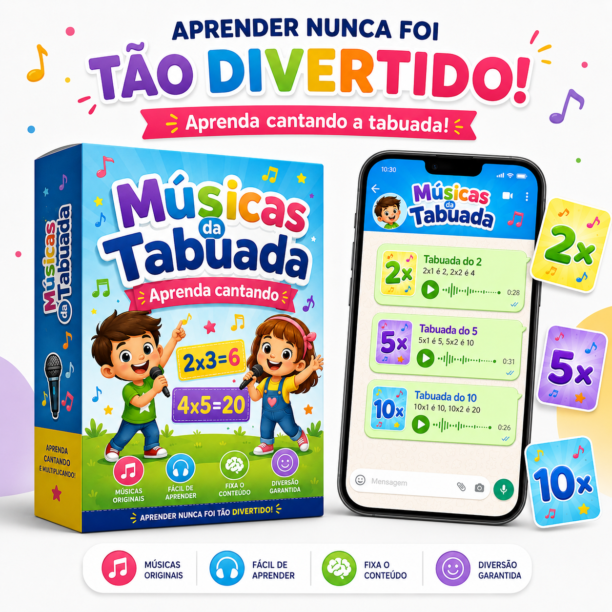 Caixa do produto Músicas da Tabuada ao lado de um celular com as músicas das tabuadas